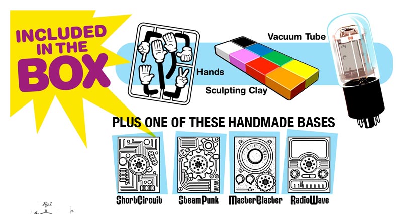 Included in the box. Hands, Sculpting Clay, Vacuum Tube and 1 of 4 Handmade Bases - ShortCircuit, SteamPunk, MasterBlaster or RadioWave